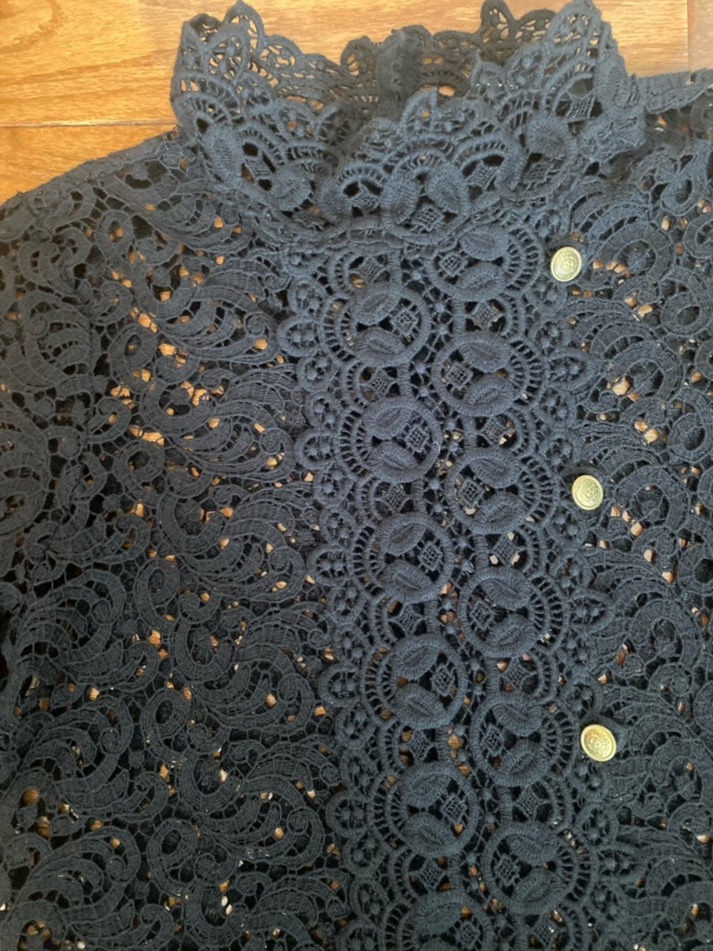 Zara Black Lace Crochet Blouse High Neck Scalloped Hem Back Button Detail  Top S
